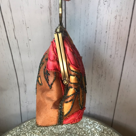 Leko London hand/shoulder/crossbody suede like material, beaded floral design - Picture 3 of 11